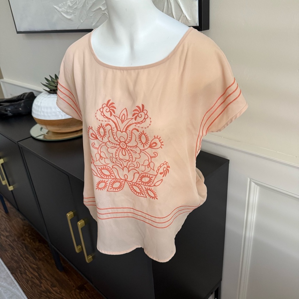 Blu Pepper Pink and Cream Cap Sleeve Embroidery Embellished Blouse